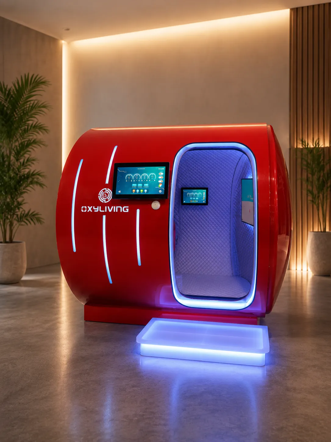 Red oxygen chamber wellness interior — hyperbaric oxygen therapy guide by Oxyliving