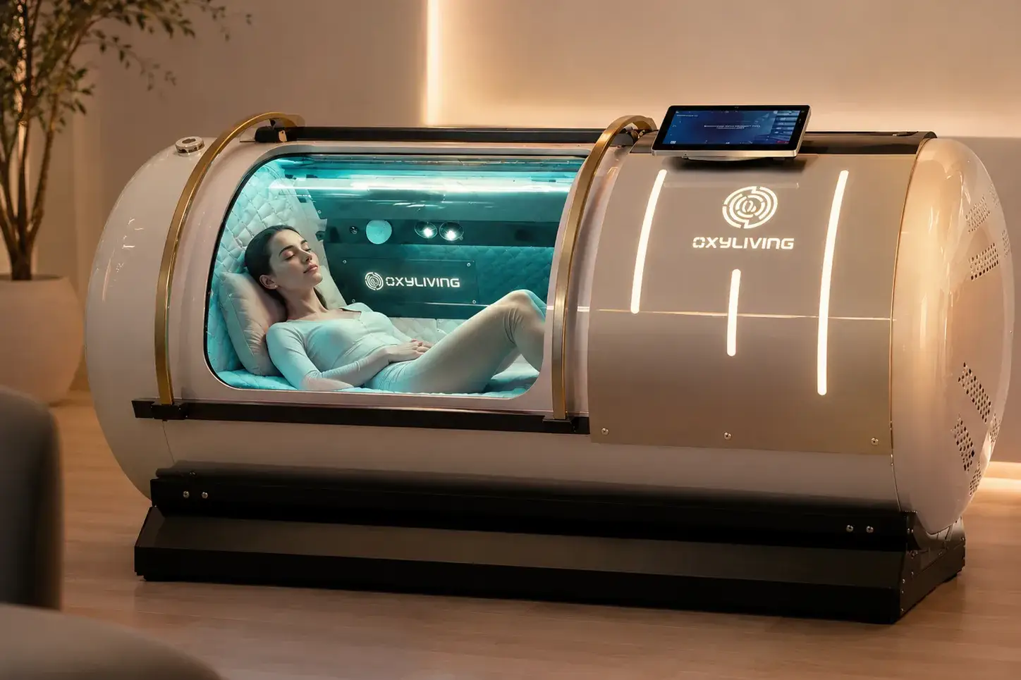 Person relaxing during a hyperbaric oxygen therapy session in an Oxyliving chamber