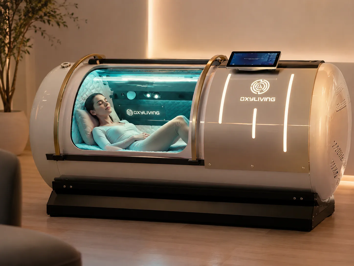 Person relaxing during a hyperbaric oxygen therapy session in an Oxyliving chamber