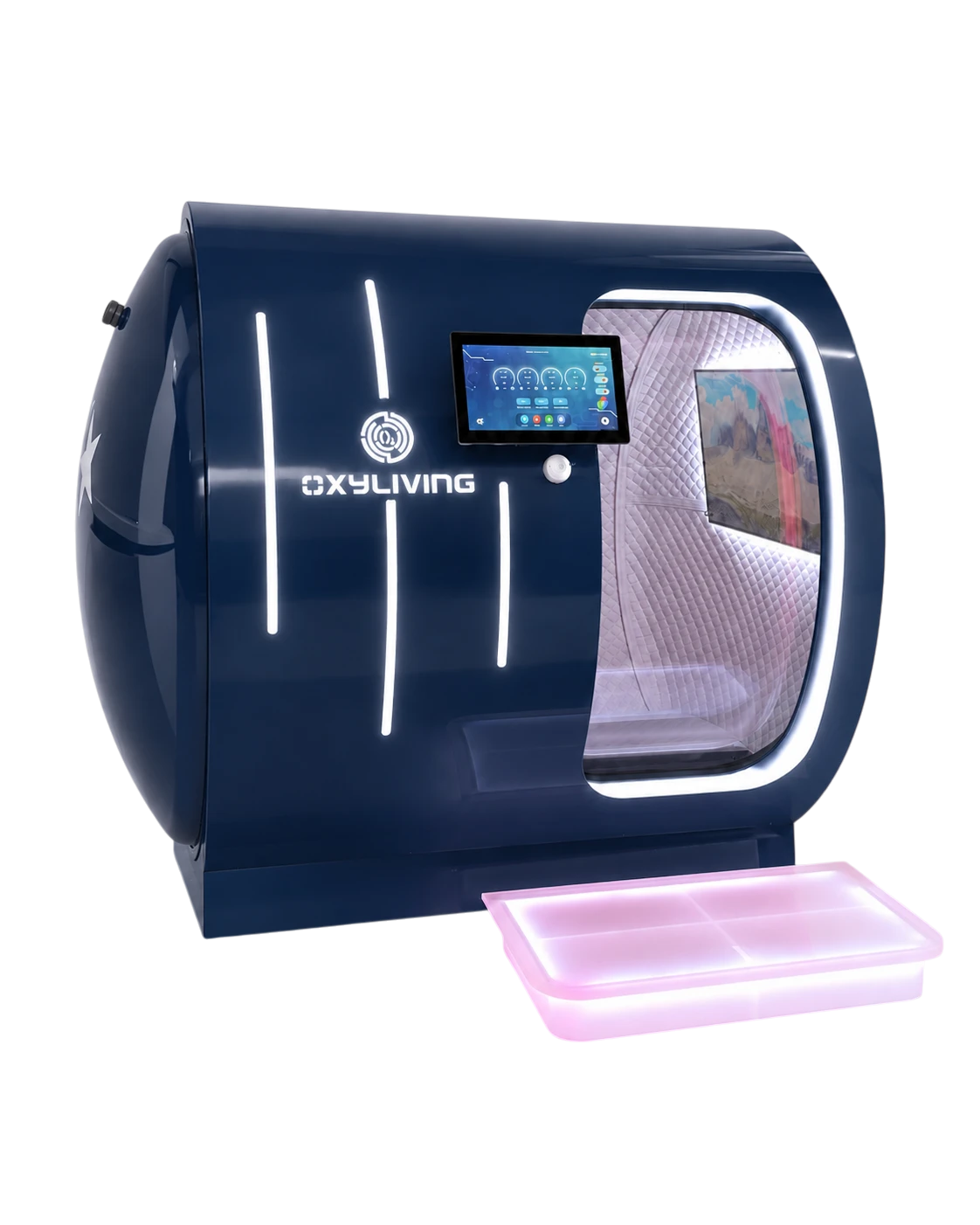Farabi oxygen chamber by Oxyliving in Sapphire Blue — two-person capsule