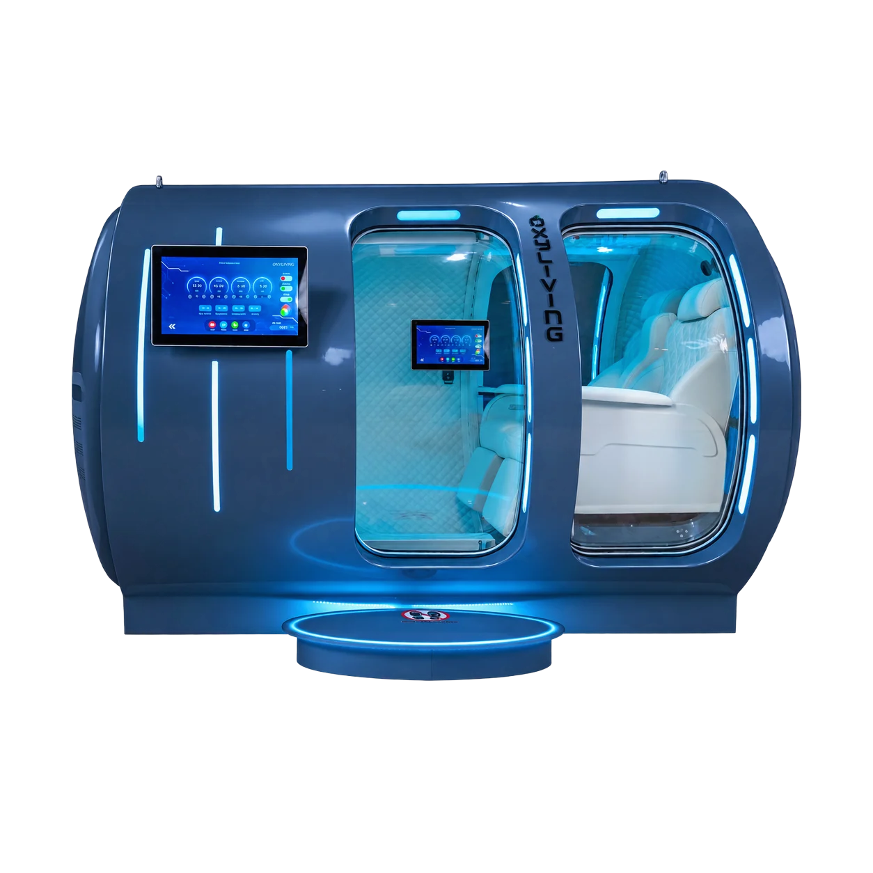Taragay oxygen chamber by Oxyliving in Sapphire Blue — four-person group chamber