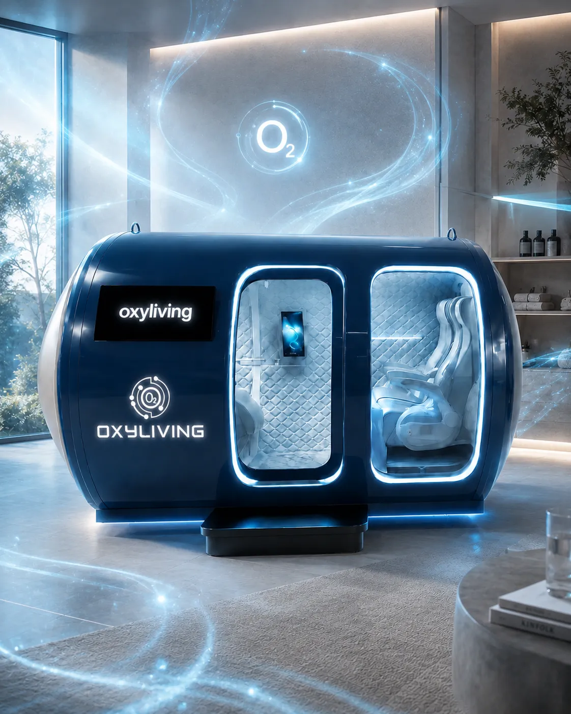 Oxyliving oxygen chamber in a calm, light-filled wellness space