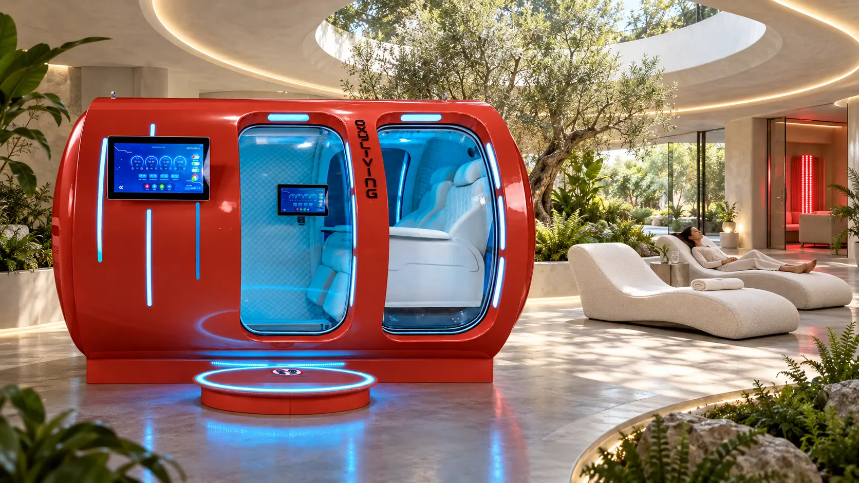 Taragay four-person hyperbaric oxygen chamber by Oxyliving in a modern wellness space