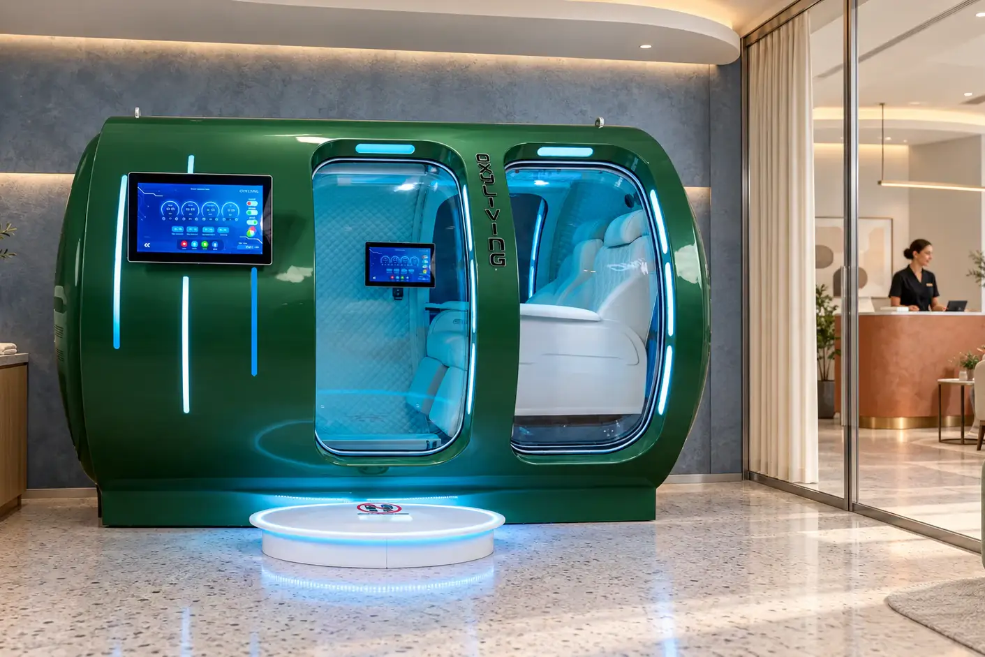 Green Taragay four-person hyperbaric oxygen chamber installed in a wellness centre