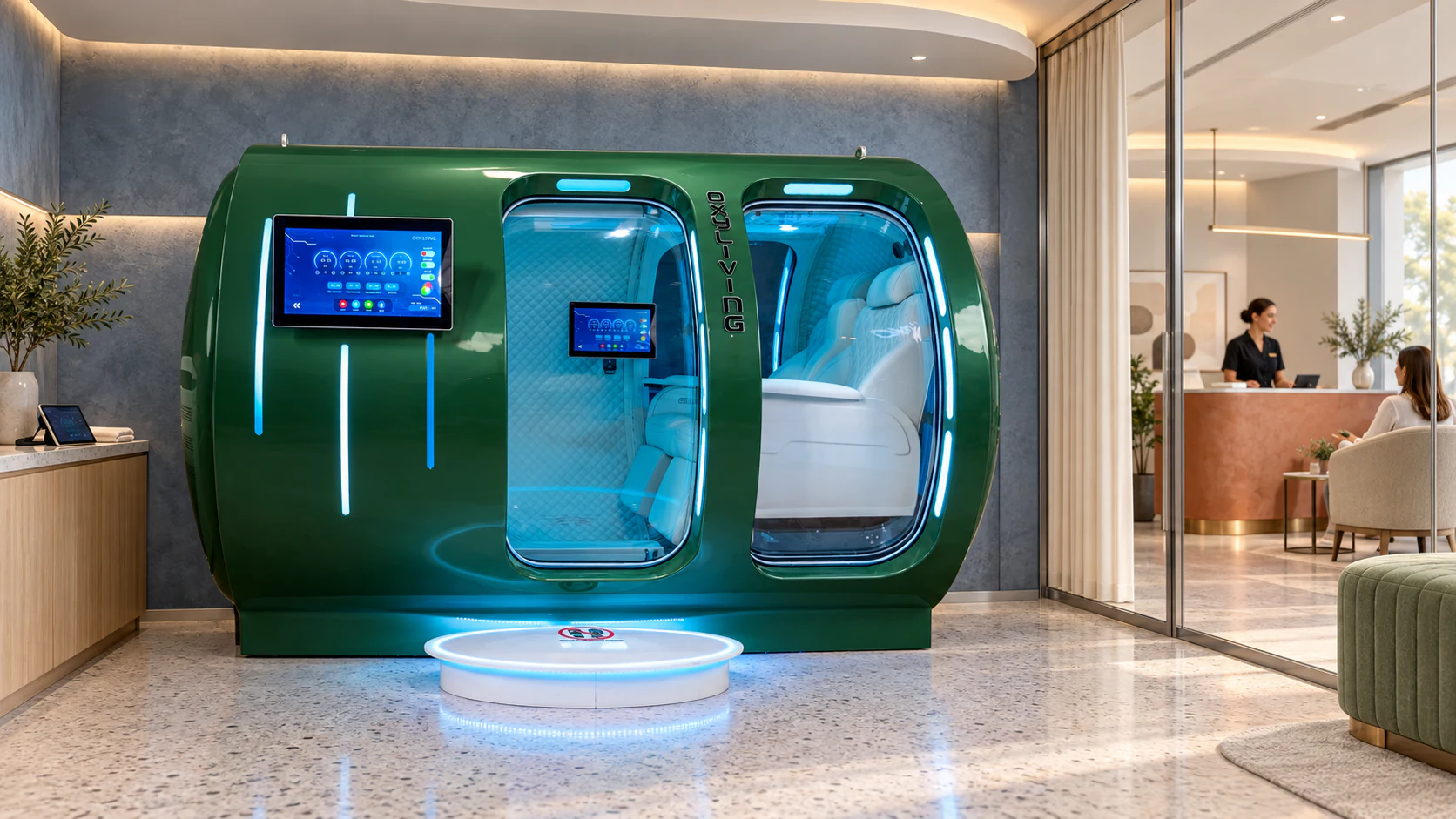 Green Taragay four-person hyperbaric oxygen chamber installed in a wellness centre